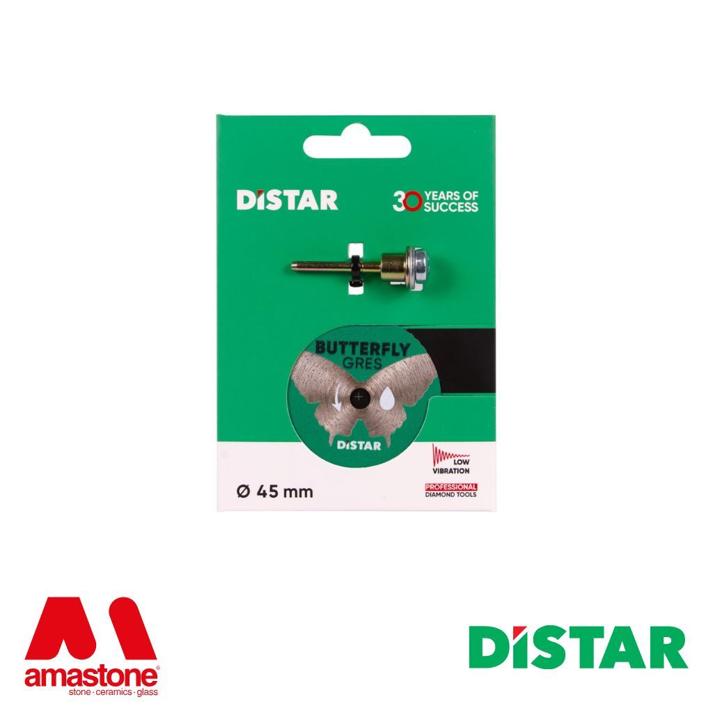BUTTERFLY | Mini Diamond Cutting Disc Ø45 mm | Shank Ø3.2 mm – Distar<br> Diastar brand<br> Diameter 45 mm<br> Wet Use<br> Cylindrical Mounting 3.2 mm, Hole 5.8 mm<br> Thickness 0.6 mm<br> Ceramic Application, Porcelain Stoneware